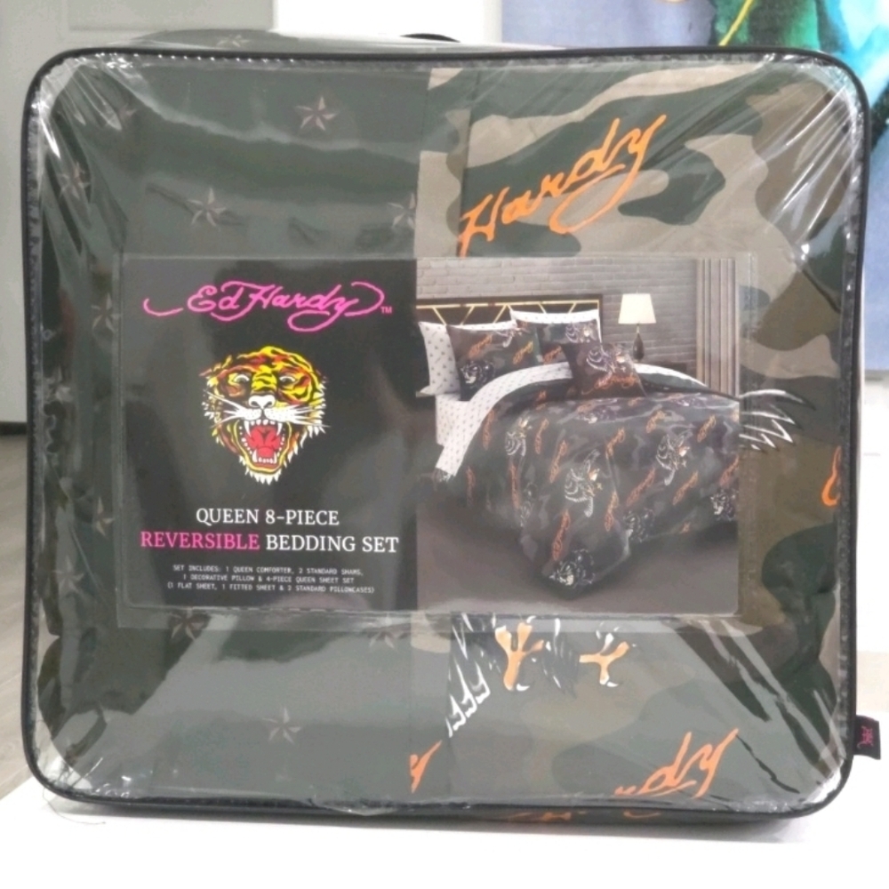 Ed Hardy Queen 8 Piece Camo Eagle Comforter Bedding Set